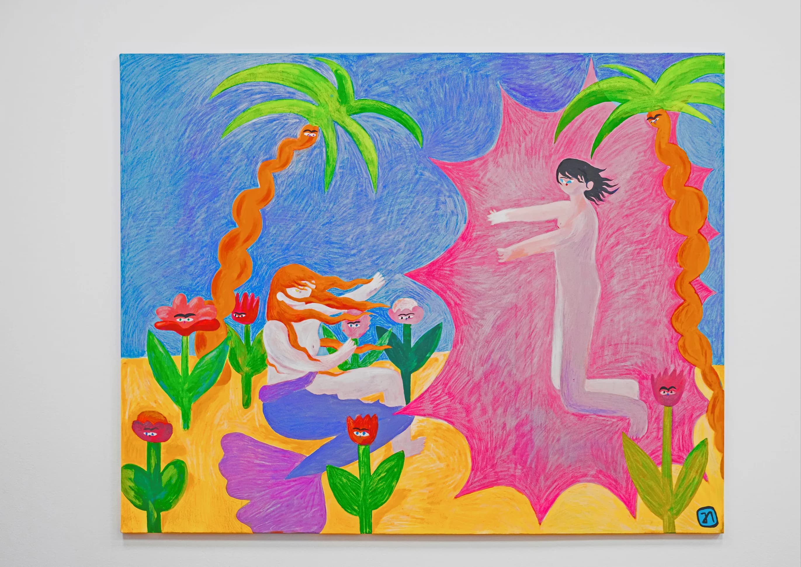 Painting of two figures beneath palm trees against blue and pink grounds