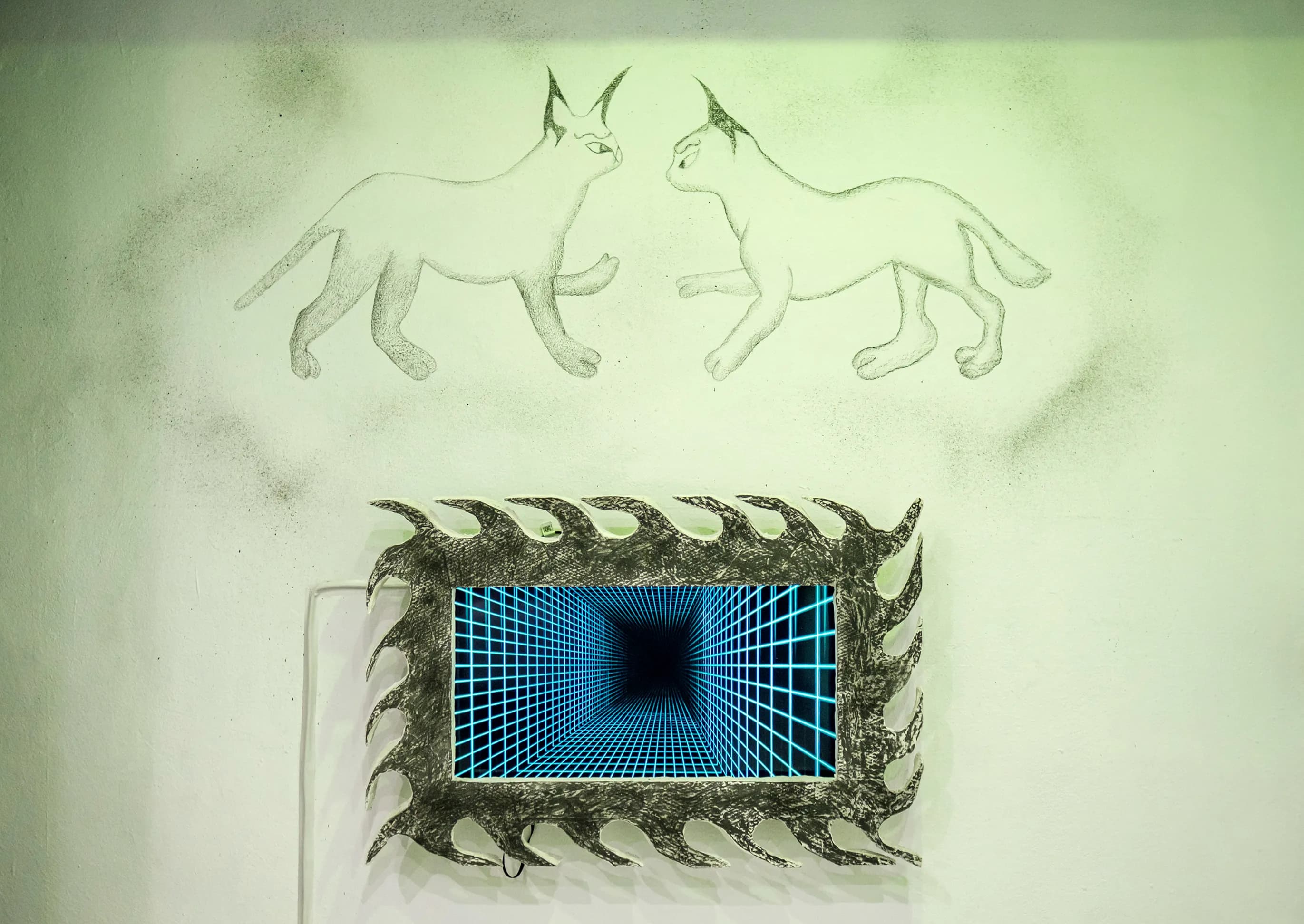 Pencil drawing of two lynxes facing each other beside a neon-grid mirror